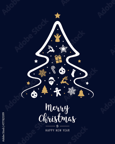 merry christmas tree elements greeting text card golden blue background