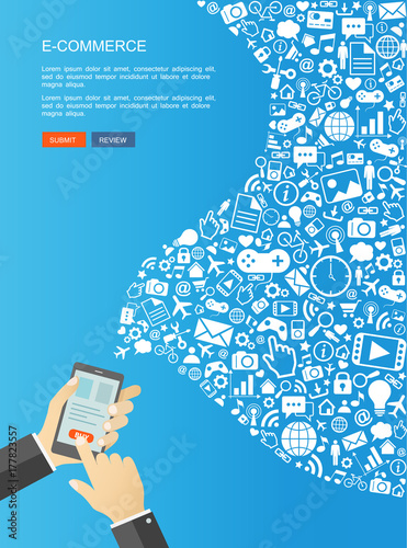 E-commerce flat banner. Hand holding device with icons.