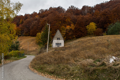 Lonely abandoned house on the hill in front of the forest