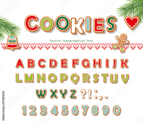 Christmas Gingerbread Cookie font. Biscuit letters and numbers. Vector