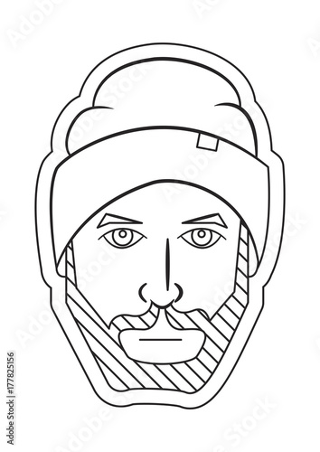 bearded man in a hat, stylish hairstyle, black and white sticker, outline style