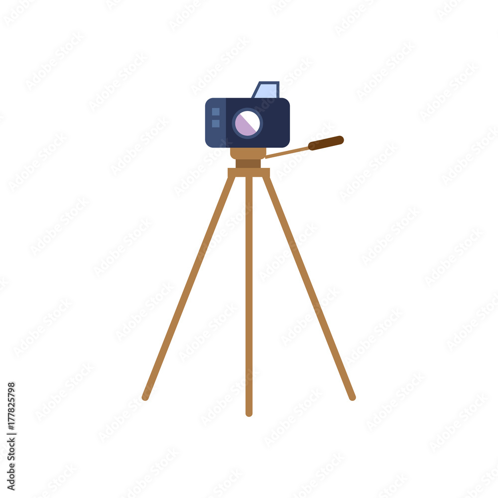 vector flat cartoon lens photo camera standing at special tripod stand
