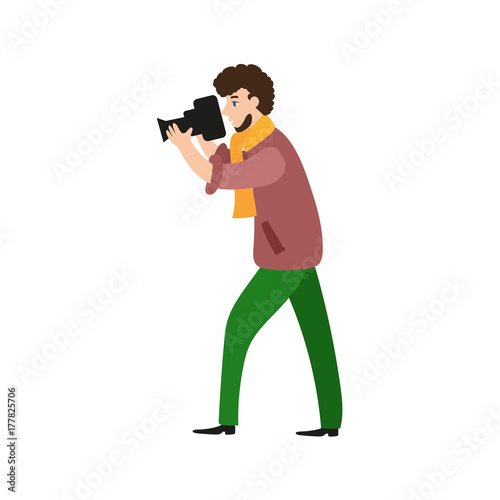 Photographer, camera man, videographer at work taking pictures, shooting, flat cartoon vector illustration on white background. Full length portrait of photographer, photo journalist, reporter at work