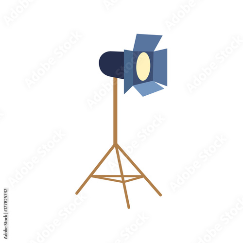Professional photo studio floor spotlight, flash light, flat cartoon vector illustration on white background. Flat cartoon style professional photo studio floor lamp, flash light, equipment