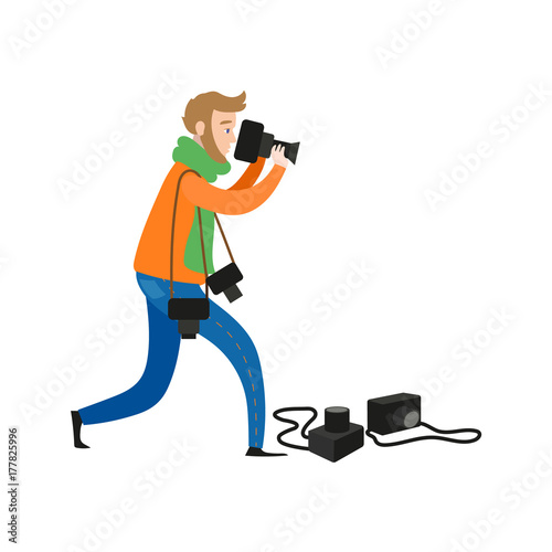 vector flat cartoon man in casual clothing wearing scarf, jeans making shoots by dslr photo camera having four reserve cameras. Isolated illustration on a white background.