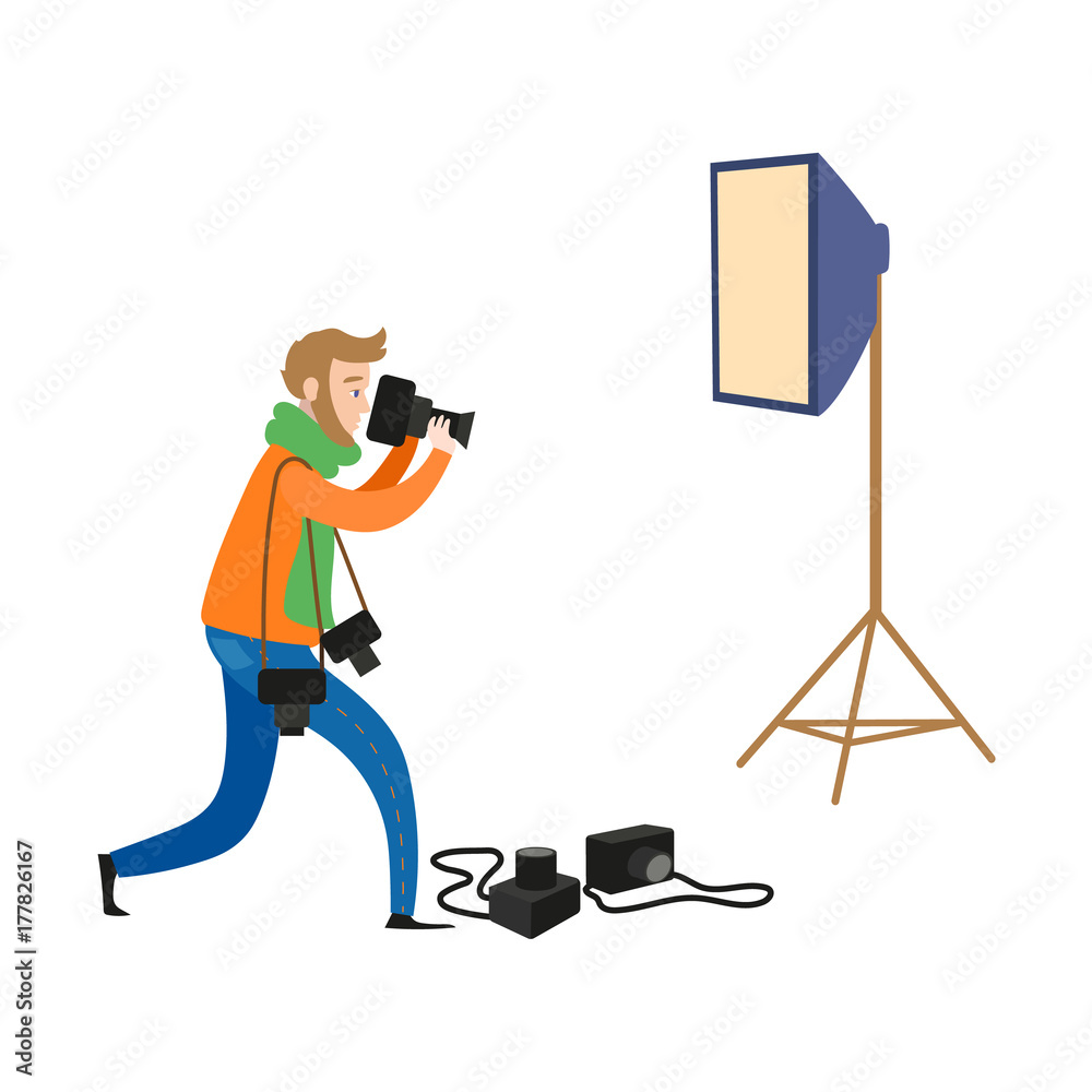 vector flat cartoon man in casual clothing wearing scarf, jeans making shoots by dslr photo camera and professional photo, light equipment set. Isolated illustration on a white background.