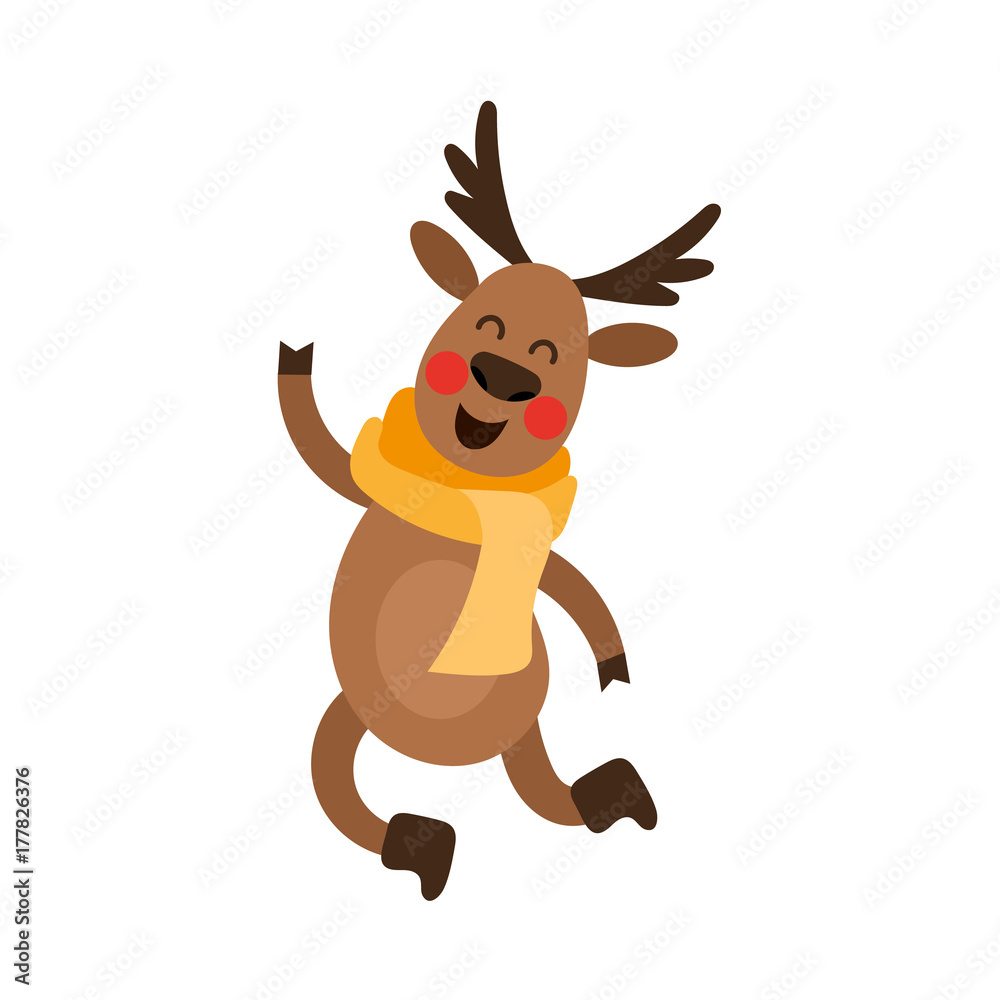 vector flat cartoon cute male christmas reindeer in red scarf dancing or  happily jumping smiling. Winter holiday deer animal simbol full lenght.  Isolated illustration on a white background. Stock Vector | Adobe