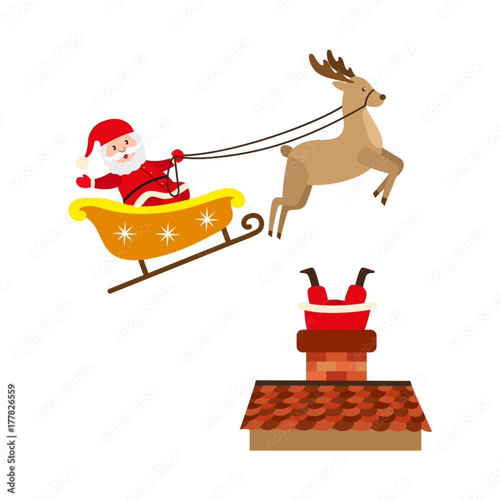 vector flat cartoon santa claus in christmas clothing riding reindeer  flying sleigh smiling, stuck in the chimney on the roof set. Holiday  illustration isolated on a white background. Stock Vector | Adobe