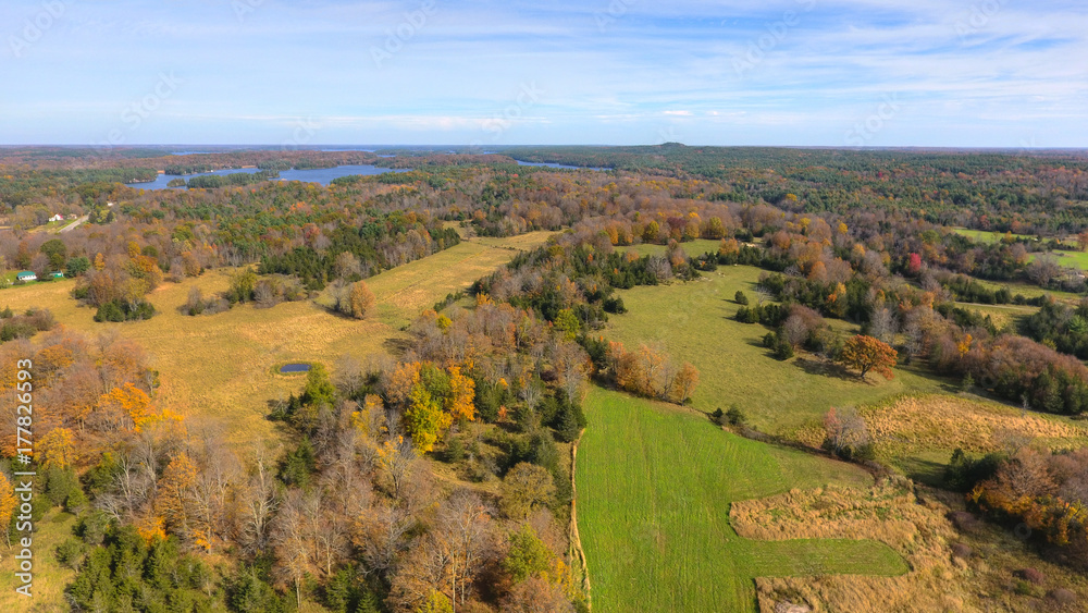 Aerial View of Farmlands and Patches of Trees in Fall with Lakes in the Distance