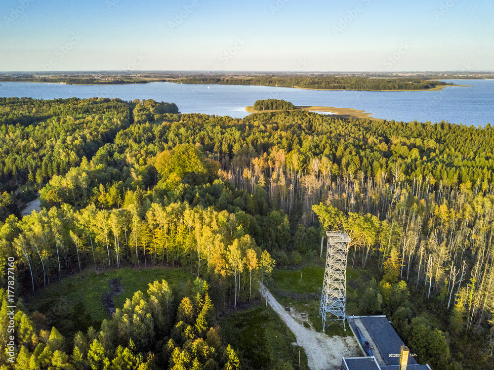 Obraz premium Observation deck and nature in Mamerki, Mazury district lake, Poland