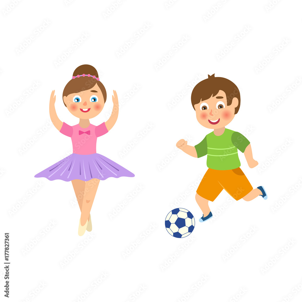 vector flat cartoon funny young teen boy playing football, girl ballet dancer set. Male, female characters smiling. Isolated illustration on a white background.