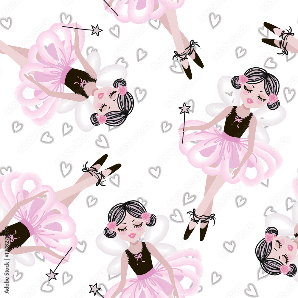Cute dancing ballerina girls in pink tutus. Vector seamless pattern for