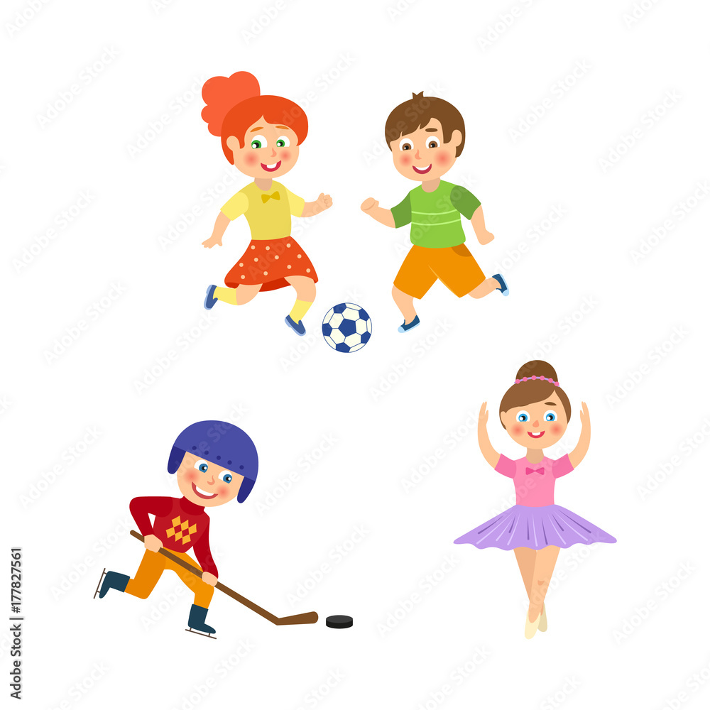 Set Of Cute Cartoon Children Or Kids, Girls And Boys, Play Sports Or Train.  Ball Game, Gymnastics, Athletic, Skateboarding. Vector Set Of Characters On  White Background. Flat And Noises Royalty Free SVG