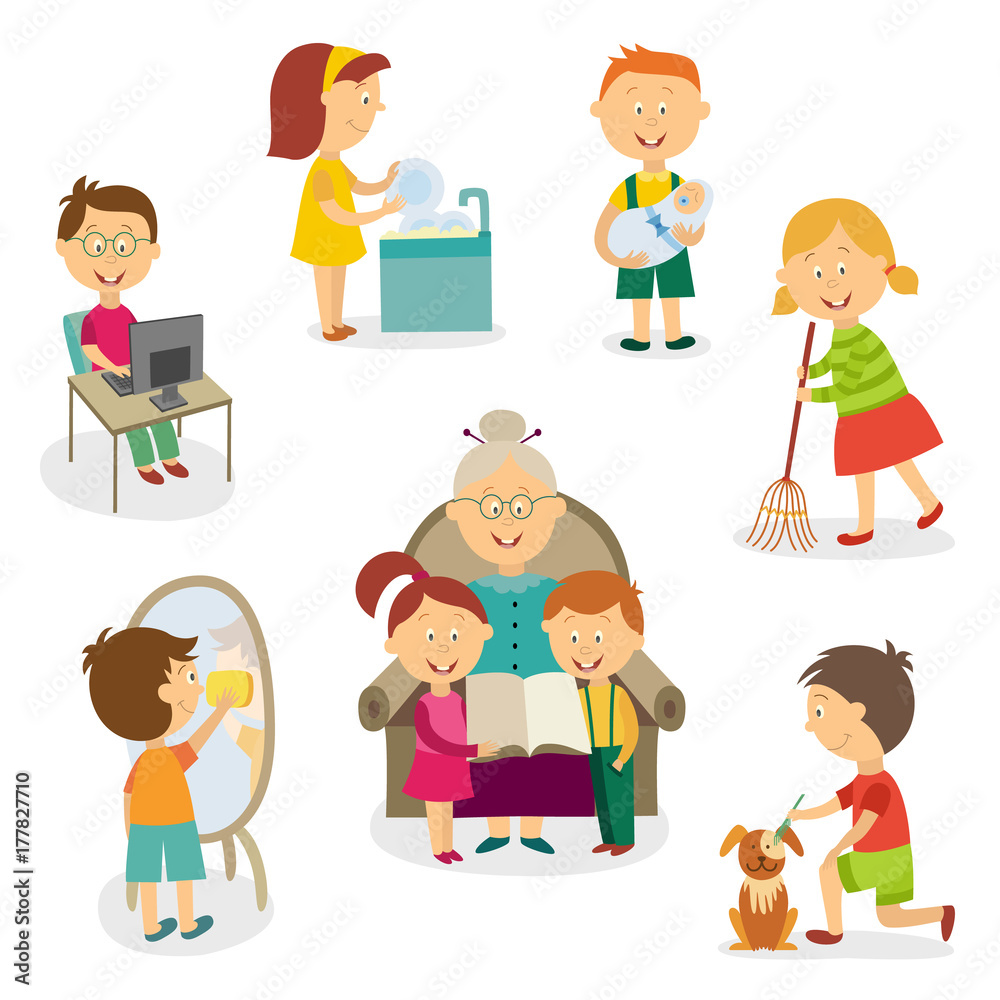 Children at home - using computer, doing chore, looking after sibling, listening to grandma reading, flat cartoon vector illustration isolated on white background. Big set of kids, home activities Children at home - using computer, doing chore, looking after sibling, listening to grandma reading, flat cartoon vector illustration isolated on white background. Big set of kids, home activities