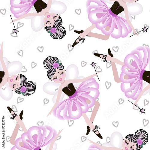 Cute dancing ballerina girls in pink tutus. Vector seamless pattern for baby and child wallpapers, textile, posters and clothing prints. Little girlfriends in ballet dresses.