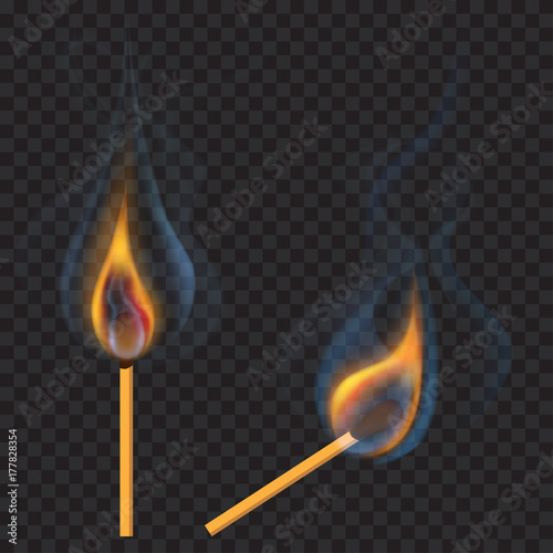 Two burning matches - vertical and inclined with a translucent flame and smoke on transparent background. Transparency only in vector file