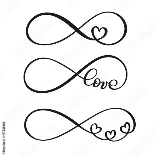 set of word LOVE original custom hand lettering, handmade calligraphy, design with elements of the flourish heart, Valentine and infinity