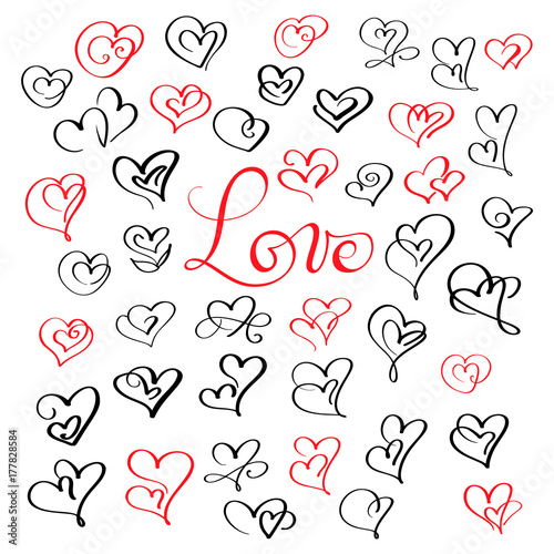 set of flourish calligraphy vintage hearts with word Love. Wedding and Valentine Illustration vector hand drawn EPS 10