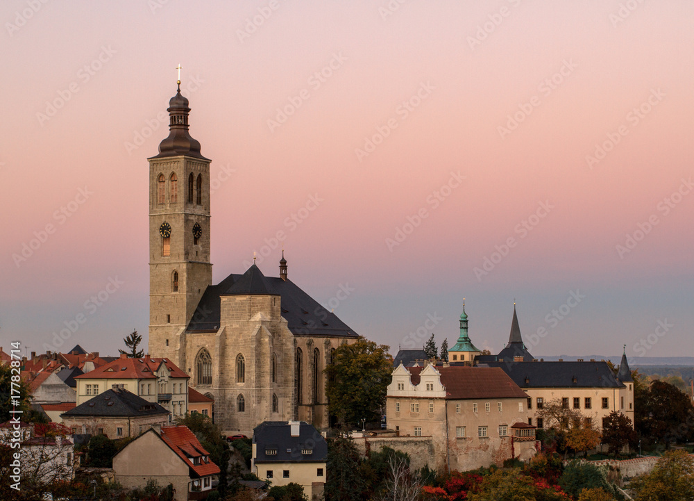 The historic center of Kutna Hora.  View to Church St.Jakuba (James, Jacob)  at sunset.Czech Republic.