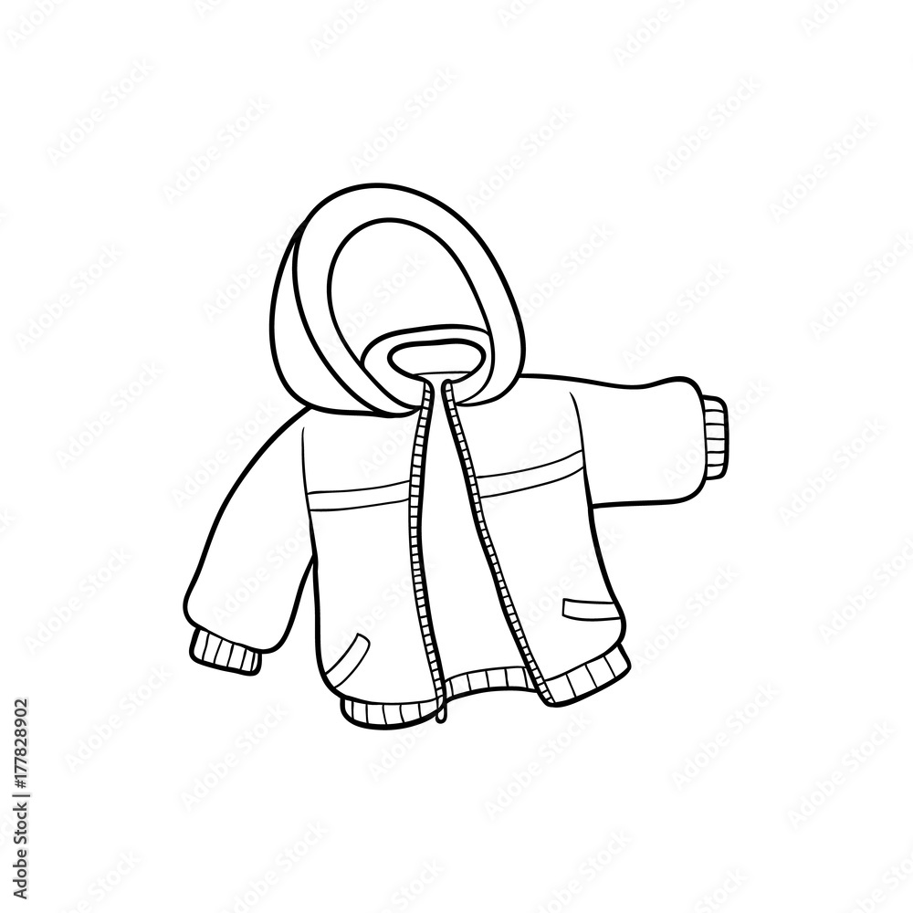 vector flat cartoon child baby kid monochrome warm winter jacket.  Fashionable trendy style female casual clothing. Isolated illustration on a  white background for coloring book design Stock Vector | Adobe Stock