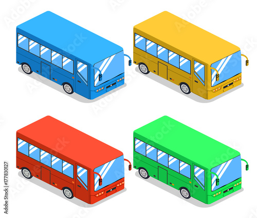 Isometric 3D vector illustration set of city bus