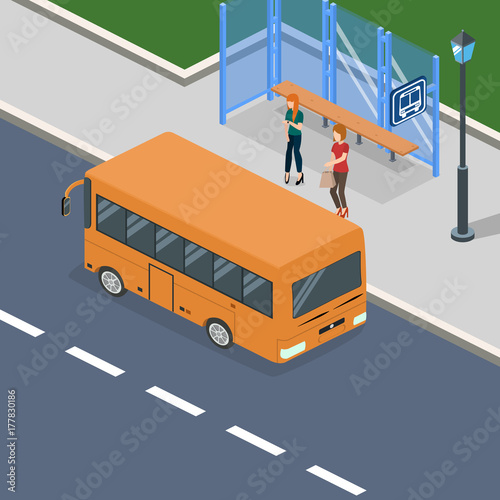 Isometric 3D vector illustration people waiting fo bus on bus stop