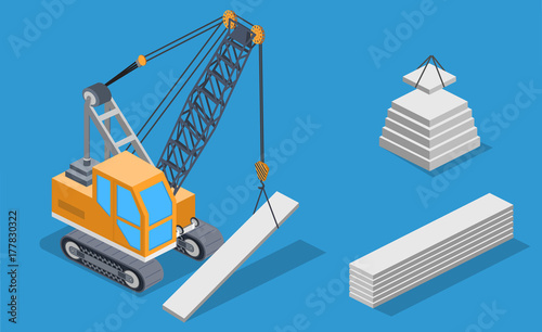 Isometric 3D vector illustration set building lifting crane