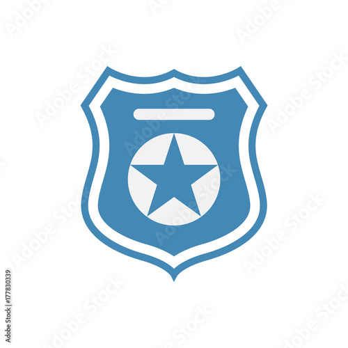 Police officer badge symbol. Icon of law order protection. Blue badge with star