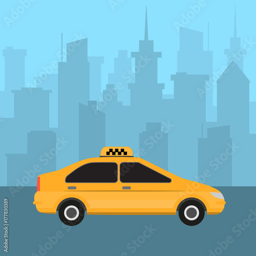 Fototapeta Naklejka Na Ścianę i Meble -  Taxi car yellow with city skyline on background. Fast taxi service concept.