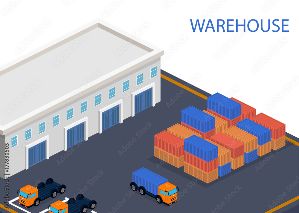 warehouse with loading machines and containers