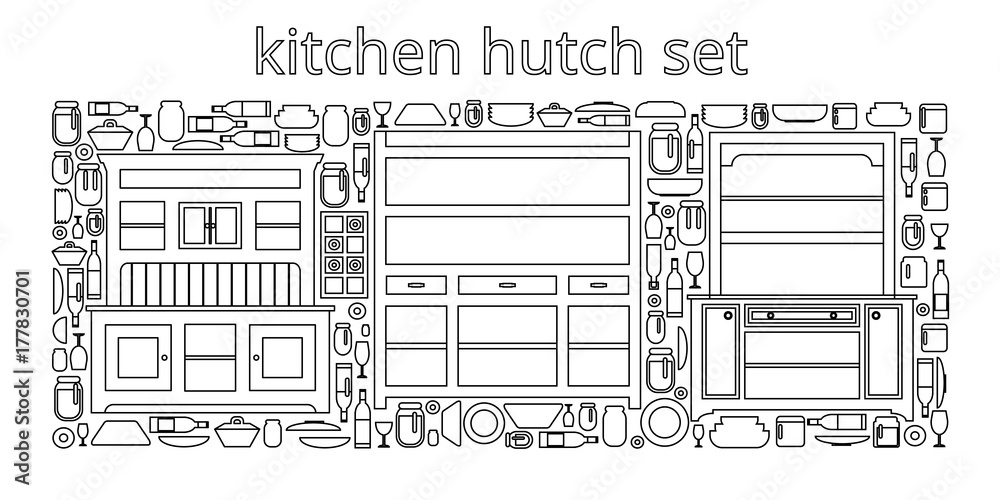 Hutch buffet set with dishes of different bottles and glasses, cans and plates. Flat vector.