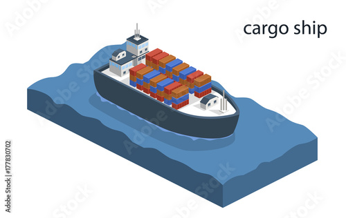 Isometric 3D vector illustration cargo ship on the water.