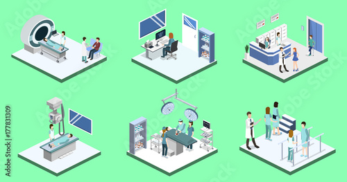 Isometric 3D vector illustration set of reception in the hospital, mrt, x-ray, surgery, rehabilitation