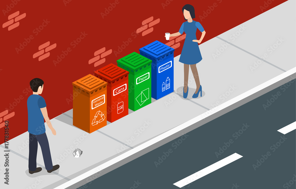 Isometric 3D vector illustration people throwing garbage into a trash ...