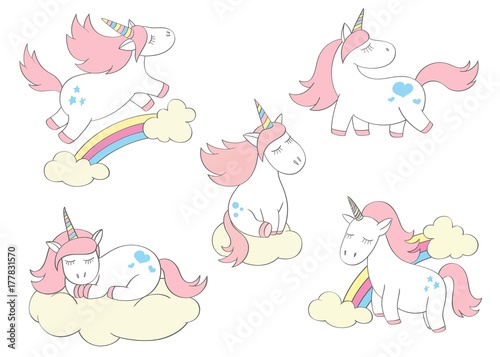Magic cute unicorns set in cartoon style. Doodle unicorns for cards, posters, t-shirt prints, textile design