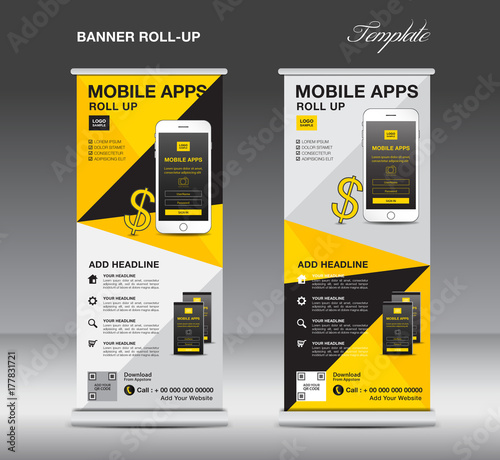 MOBILE APPS Roll up banner template, stand layout, yellow banner, application presentation, infographics, advertisement, flyer, x-banner, j-flag, poster, advertisement, print media advertising