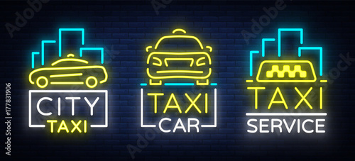 Taxi car design neon glowing logos set concept template. Luminous signboard on the theme of transportation of passengers. Neon signs, light night banner. Vector illustration
