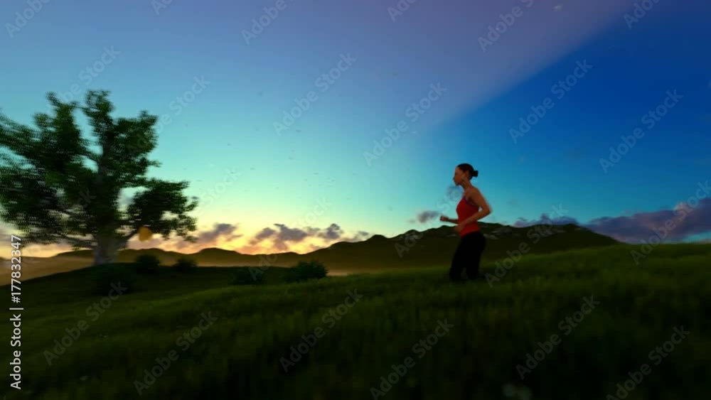 Woman running on green meadow, tree of life, morning mist Woman running on green meadow, tree of life, morning mist