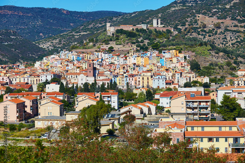 Fototapeta premium Aerial view of colorful houses in Bosa, Sardinia, Italy