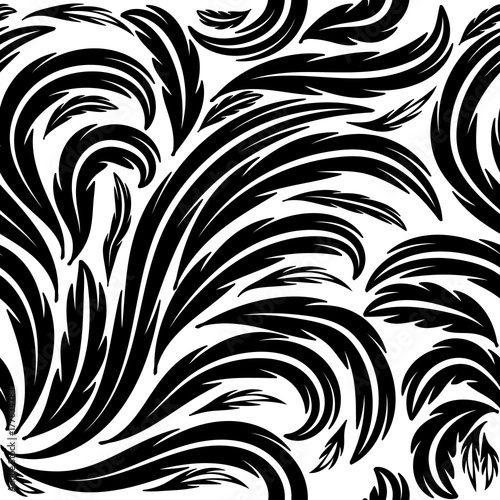 Vector floral seamless pattern. Black white leafy background. Floral wallpaper illustration with vintage hand drawn leaves and flourish ornaments. Isolated fabric pattern texture.