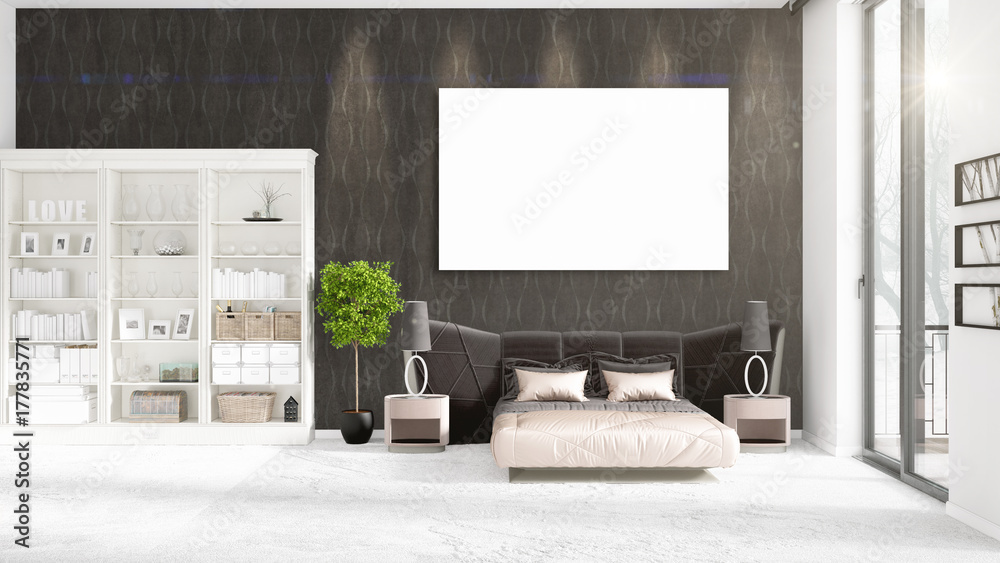 Fashionable modern loft interior with empty frame and copyspace in horizontal arrangement. 3D rendering. Fashionable modern loft interior with empty frame and copyspace in horizontal arrangement. 3D rendering.