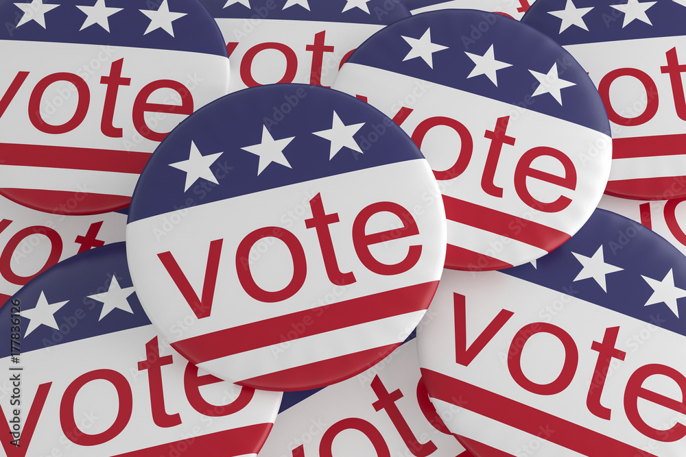 USA Politics Election News Badges: Pile of Vote Buttons With US Flag, 3d illustration