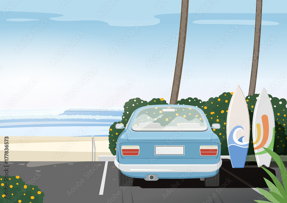 Car parking at the beach near surfing spot. Two colored surfboards