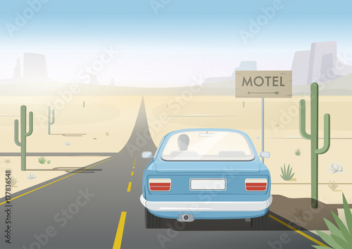 Man driving car. Road in desert. Retro style poster. Vector illustration.