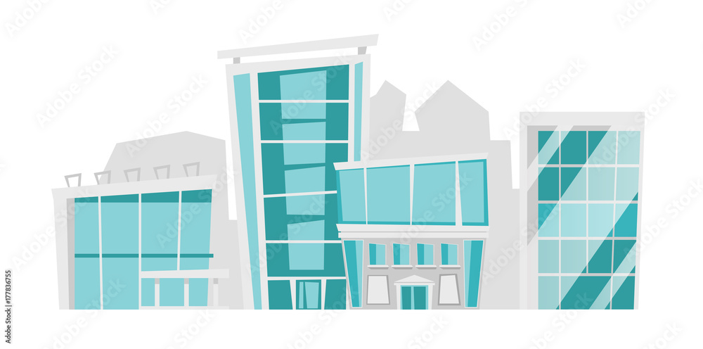 Urban landscape with modern office buildings skyscrapers vector cartoon illustration isolated on white background.