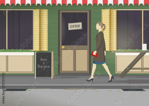 Cafe facade. Autumn city. Young stylish woman walking in a street. Retro style poster. Vector illustration.