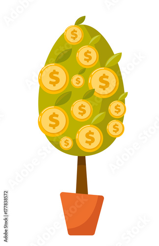 Money tree with dollar coins in a pot. Vector cartoon illustration isolated on white background.