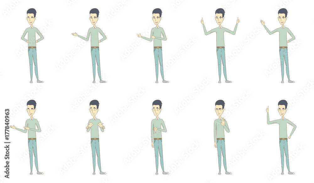 Young asian man set. Man shrugging shoulders, standing with raised arms, showing thumb down, palm hand, pointing finger up. Set of vector sketch cartoon illustrations isolated on white background.