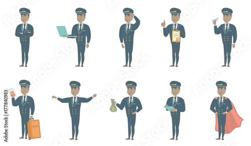 Young african-american airplane pilot set. Airplane pilot saluting, showing passport, writing notes in the list of passengers. Set of vector sketch cartoon illustrations isolated on white background.