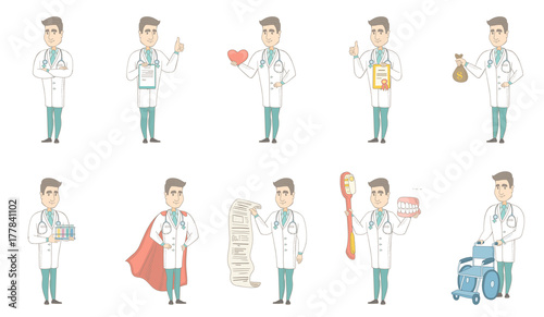 Young caucasian doctor set. Doctor holding clipboard, document with report, heart, certificate, money bag, test tubes with samples. Set of vector sketch illustrations isolated on white background.